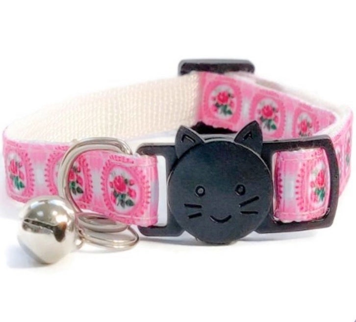 Pink with Roses Print Cat Collar by Zacal Cat Collars Cat aMEWsement